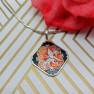 Small Cloisonné Butterfly Pendant on Long 24 Inch Gold Tone Cobra Chain